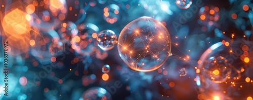Colorful bubbles floating in a vibrant, luminous background with sparkles.