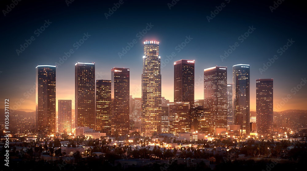 Fototapeta premium Stunning nightscape of downtown los angeles showcasing iconic skyscrapers illuminated against a twilight sky