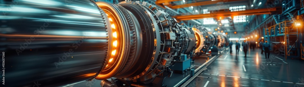 Industrial engine machinery in a factory setting with illuminated components. Industrial engine machinery in a factory setting with illuminated components.