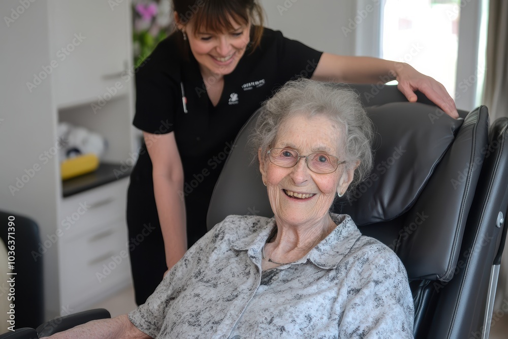 Elderly woman sitting in a care home with a caregiver standing beside her. senior, assistance, support, smiling, companionship. Elderly woman sitting in a care home with a caregiver standing beside her. senior, assistance, support, smiling, companionship.
