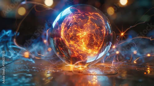 Glowing orb with fiery energy, soft focus background, abstract technology concept.