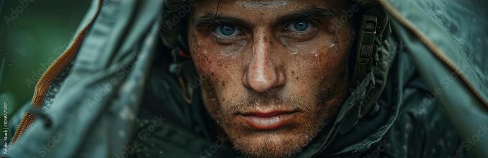 Intense portrait of a soldier with focus on determination and resilience. Intense portrait of a soldier with focus on determination and resilience.