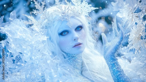 Enchanting Ice Queen Halloween Costume and Makeup in Winter Wonderland