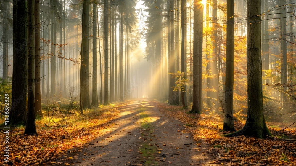 Obraz premium Sunbeams Illuminating Forest Path