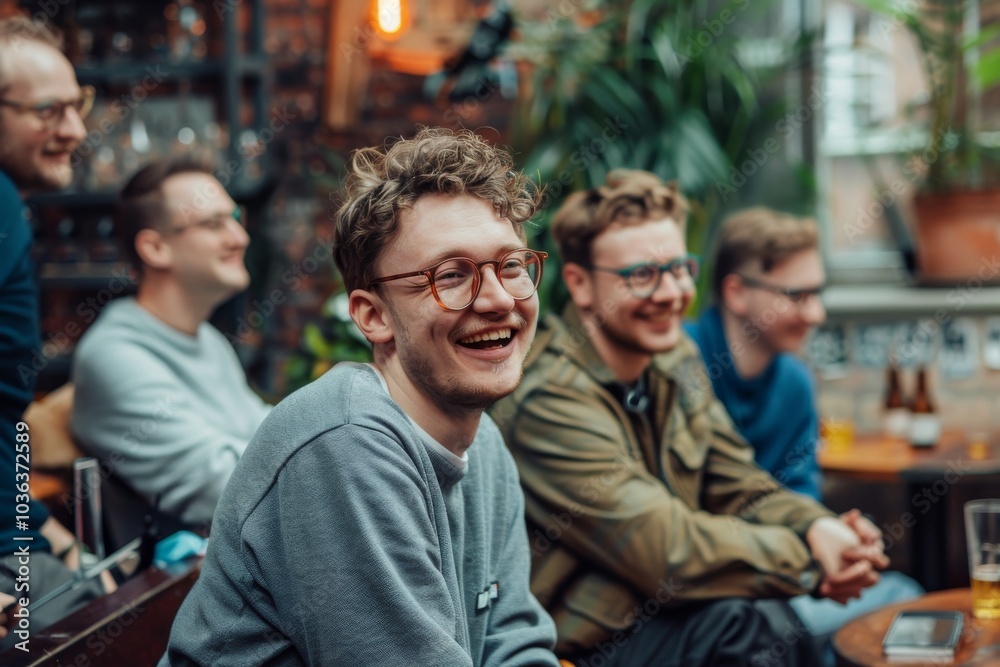 smiling young man sitting in pub and looking at camera with friends in background smiling young man sitting in pub and looking at camera with friends in background