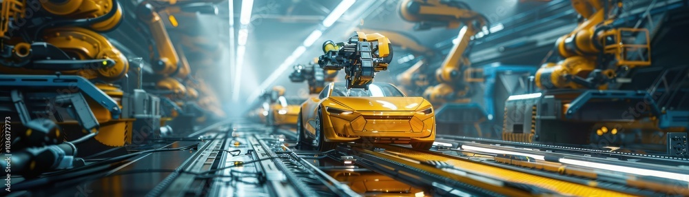 Robotic arms assembling a yellow car in a modern factory setting. Robotic arms assembling a yellow car in a modern factory setting.