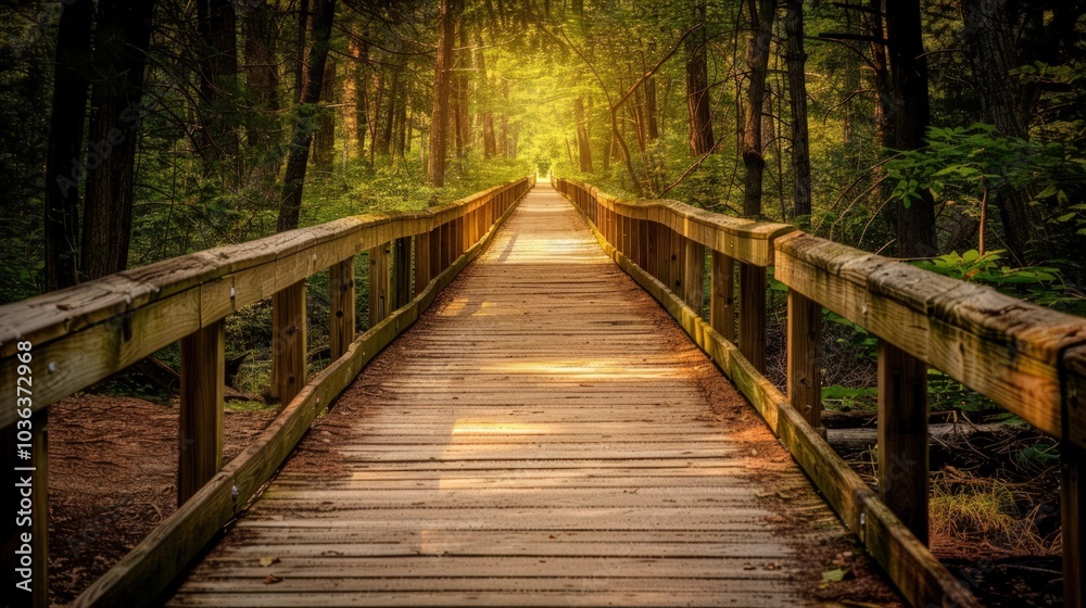 Wooden Bridge Through a Sunlit Forest Wooden Bridge Through a Sunlit Forest