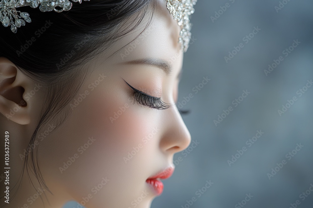 Fototapeta premium Side view of a very beautiful Asian woman wearing a tiara, beauty pageant concept