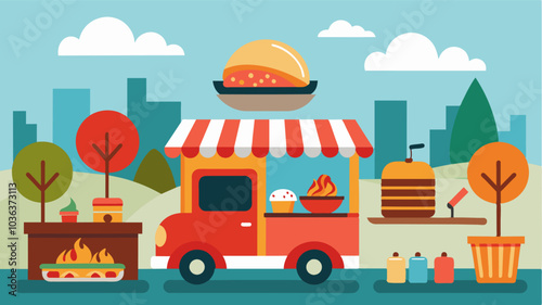 The delicious aroma of sizzling meats grilled veggies and freshly baked goods wafting from the food trucks and stands tered throughout the market.. Vector illustration