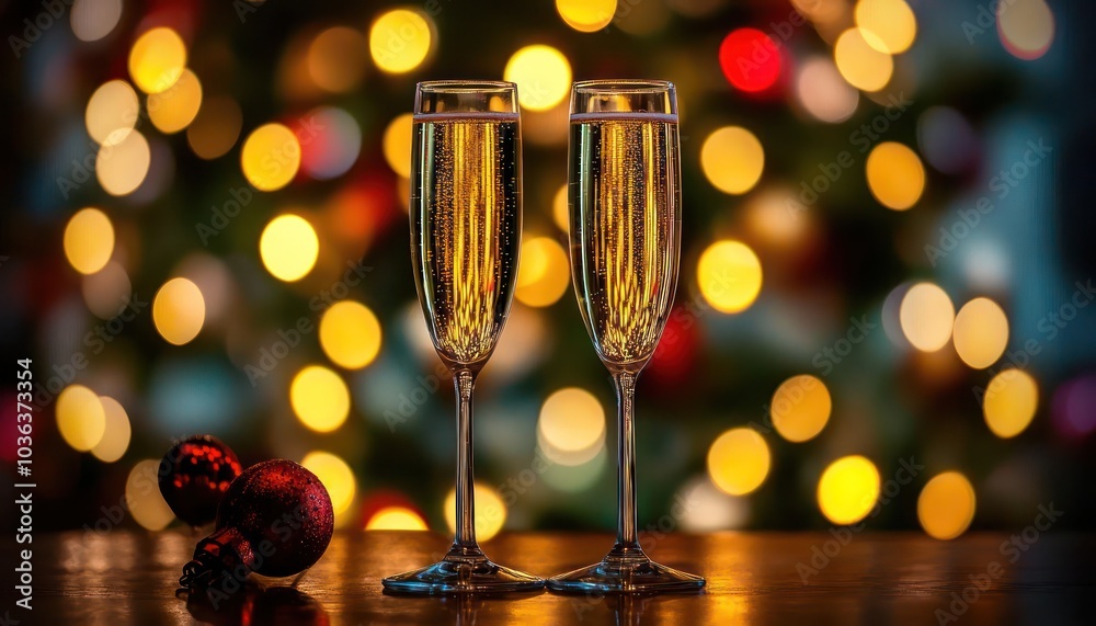 New Year's Eve scene with champagne glasses and bokeh lighting, high resolution. New Year's Eve scene with champagne glasses and bokeh lighting, high resolution.