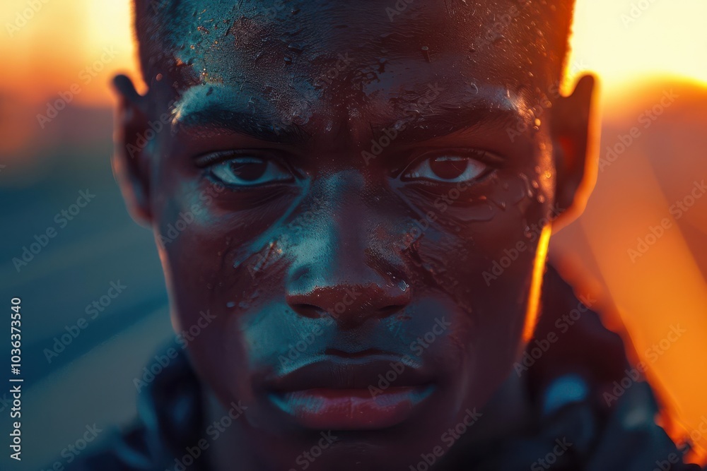 Young athlete with intense expression under dramatic lighting. Young athlete with intense expression under dramatic lighting.