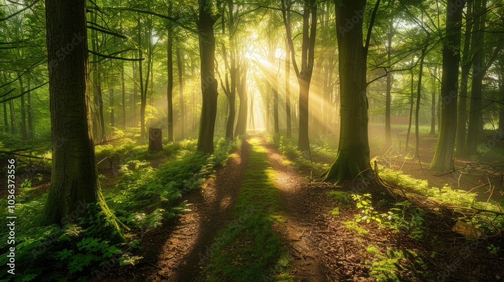 Obraz premium Sunbeams Illuminating a Misty Forest Path