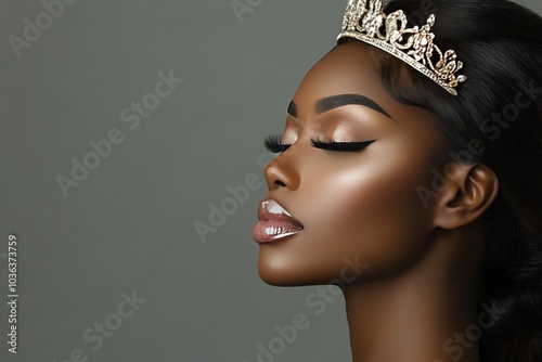 Side view of a very beautiful black woman wearing a tiara, beauty pageant concept photo