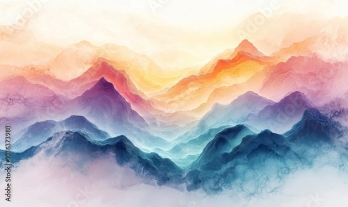 Dreamy watercolor landscape with soft pastel hues and flowing rivers, serene nature, 3D illustration