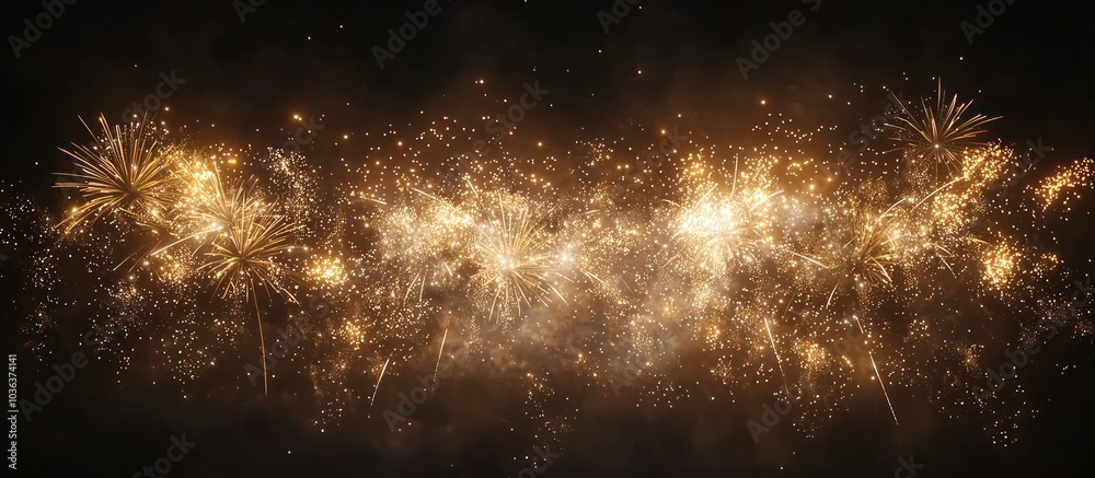 Spectacular golden fireworks light up the sky for a New Year celebration.