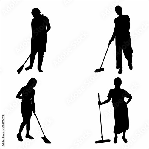 a collection of silhouettes of women sweeping