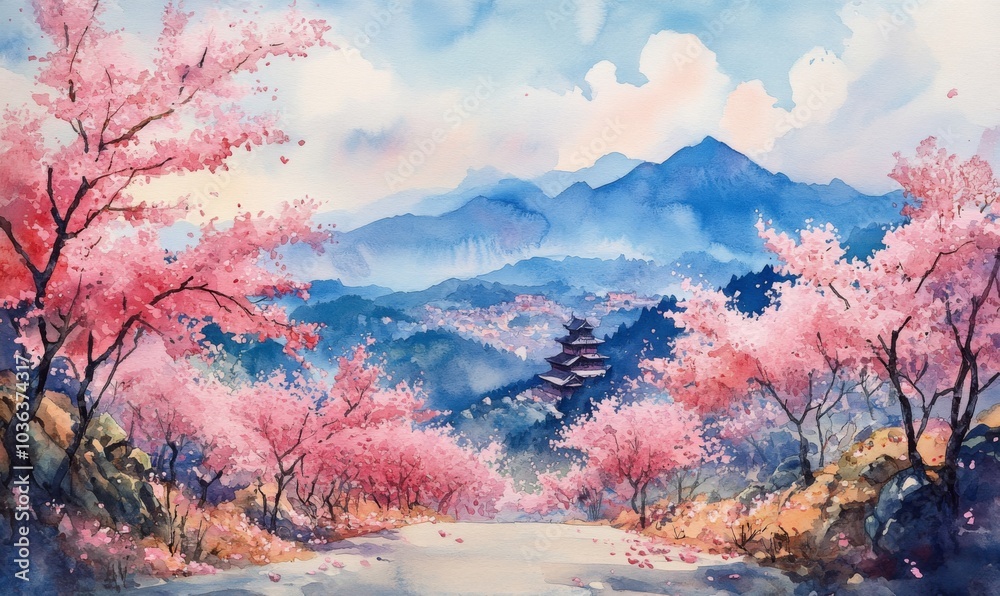 Naklejka premium Watercolor Scenic full bloom cherry blossom at Himeji castle in Hyogo, Japan