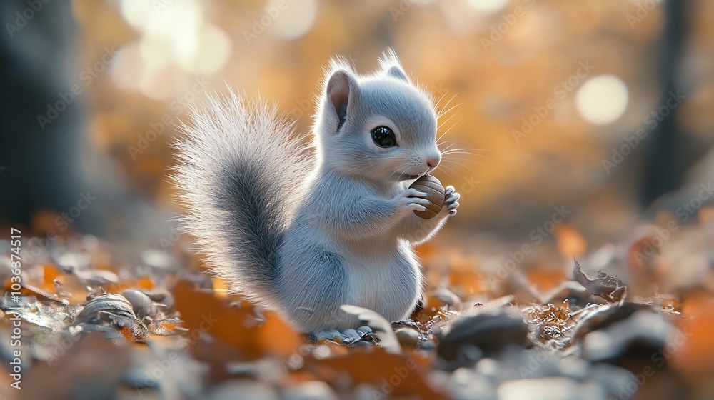 Obraz premium Adorable 3D Cute Baby Squirrel Holding a Delightful Pastel Acorn, Radiating Playfulness in a Whimsical Forest Setting