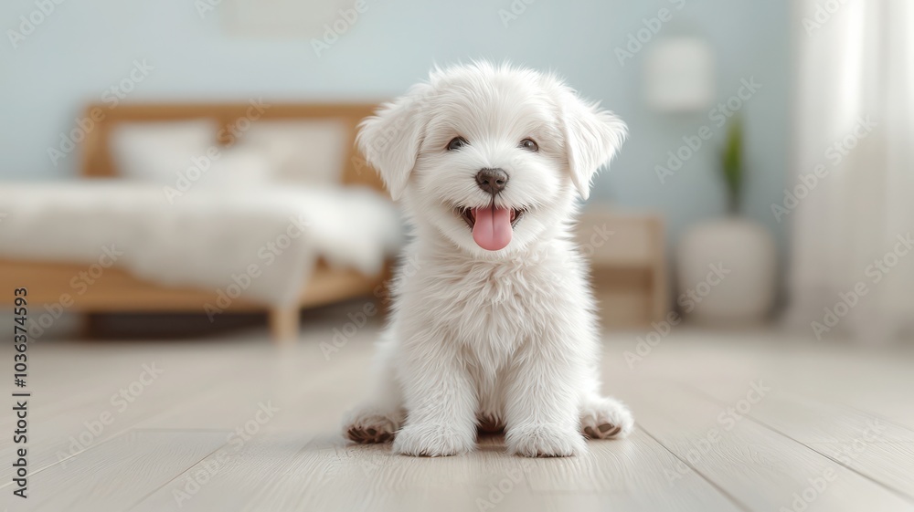 Adorable fluffy white puppy sitting on a wooden floor, smiling happily. Adorable fluffy white puppy sitting on a wooden floor, smiling happily.