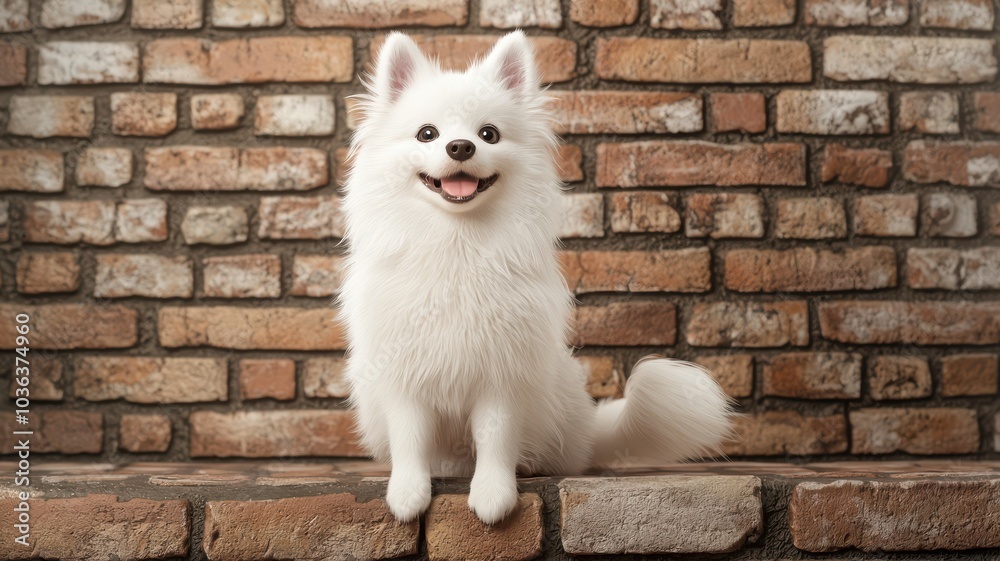 Fototapeta premium Happy white dog sitting in front of a brick wall, looking cheerful and playful.