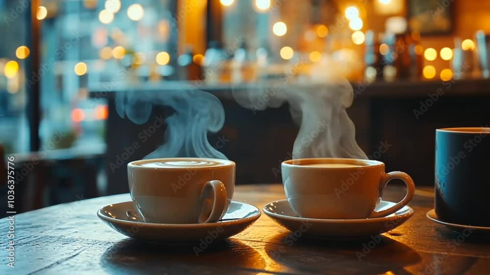 Cozy coffee shop with steaming cups of coffee on a wooden table.
