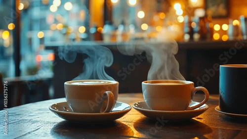 Cozy coffee shop with steaming cups of coffee on a wooden table.