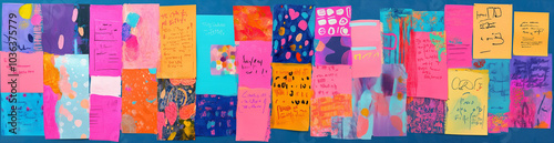 Sticky Note Post It Board Office. Business people meeting at office and use post it notes to share idea. Brainstorming concept. Sticky note on glass wall or blackboard. Set of colorful blank notes.