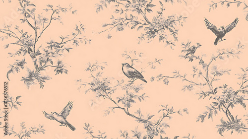 Elegant birds and floral motifs create stylish Toile de Jouy pattern on soft peach background, perfect for adding touch of sophistication to any decor