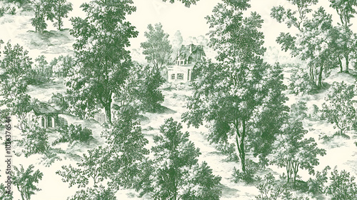 Sophisticated Toile de Jouy fabric pattern featuring lush greenery and serene landscapes, showcasing intricate details of trees and vintage house