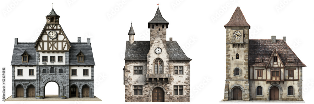 A classic medieval European town hall with a tall clock tower and stone walls, isolated on a transparent background A classic medieval European town hall with a tall clock tower and stone walls, isolated on a transparent background