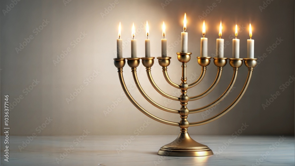 Lit menorah with glowing candles on simple white background Lit menorah with glowing candles on simple white background
