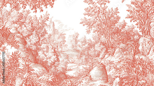 Wallpaper Mural Delicate Toile de Jouy seamless pattern featuring vintage landscape elements, showcasing intricate details of nature and foliage in soft red hue Torontodigital.ca