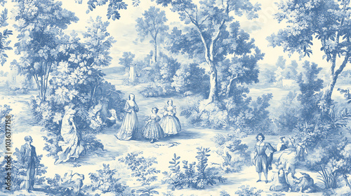 Classic Toile de Jouy fabric pattern featuring historical scenes in blue and white. intricate design showcases figures in pastoral setting, surrounded by lush foliage and trees, evoking sense of