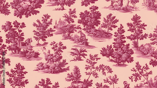 Wallpaper Mural Chic seamless Toile de Jouy pattern showcasing intricate designs with lush foliage and pastoral scenes in rich burgundy tones on soft pink background, perfect for elegant decor Torontodigital.ca