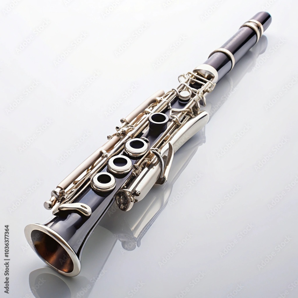 Fototapeta premium Black and silver clarinet on reflective white surface