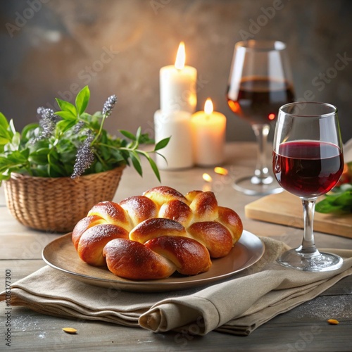 Shabbat table with challah bread, wine, and candlelight photo