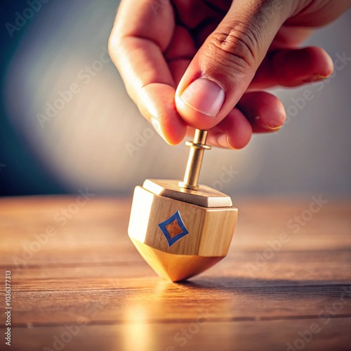 Hand spinning gold dreidel on wooden surface photo