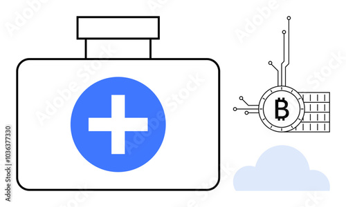 A medical kit with a cross symbol next to a Bitcoin logo atop a circuit board. A cloud icon is below. Ideal for discussing healthcare, cryptocurrency, tech innovation, digital transactions, financial