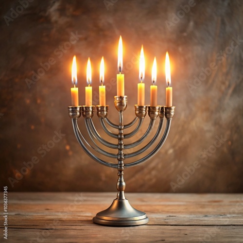 Lit menorah on wooden table with warm textured background