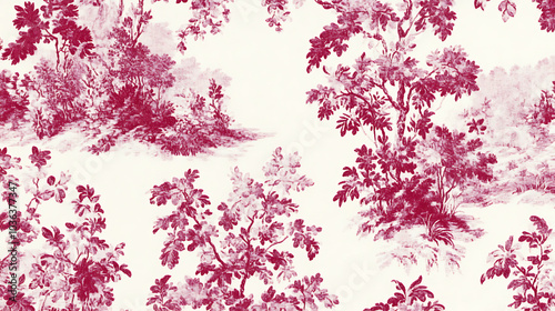 Wallpaper Mural Artful Toile de Jouy fabric pattern featuring scenic depictions of lush foliage and trees in rich burgundy tones. This elegant design adds classic touch to any decor Torontodigital.ca