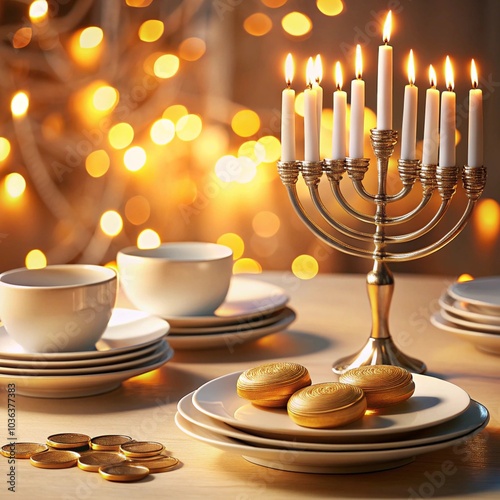 Hanukkah table setting with lit menorah and gold coins photo