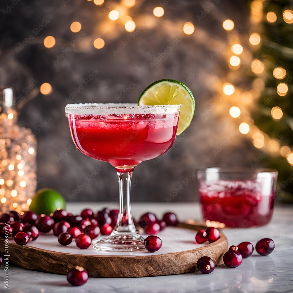 Clickworthy cranberry margarita cocktail in salt-rimmed margarita glass on white marble background with fairy lights
Clickworthy cranberry margarita cocktail in salt-rimmed margarita glass on white marble background with fairy lights