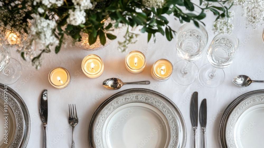 Romantic Table Setting with Candles and Flowers Romantic Table Setting with Candles and Flowers