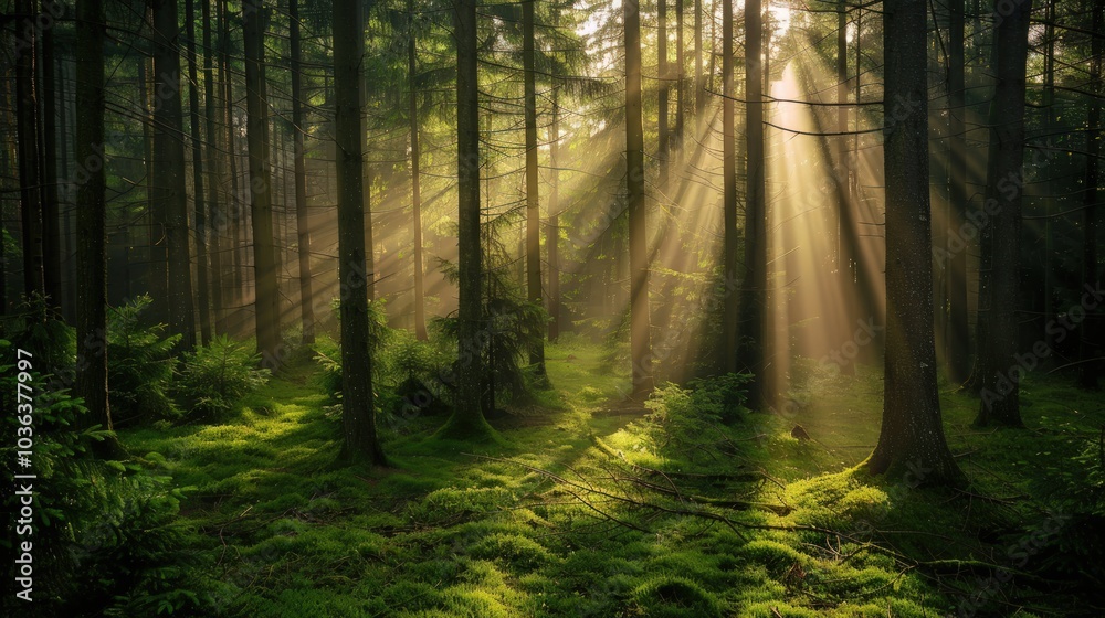Fototapeta premium Sunbeams Illuminating a Misty Forest