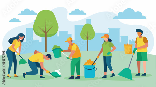 Residents beautifying their streets by picking up litter and planting trees creating a cleaner and greener environment for everyone.. Vector illustration