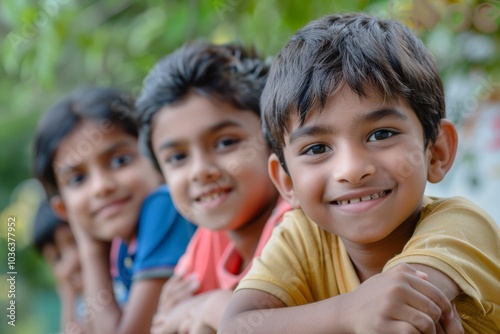 Portrait of group of indian kids smiling in the park.