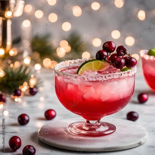 Clickworthy cranberry margarita cocktail in salt-rimmed margarita glass on white marble background with fairy lights
 photo