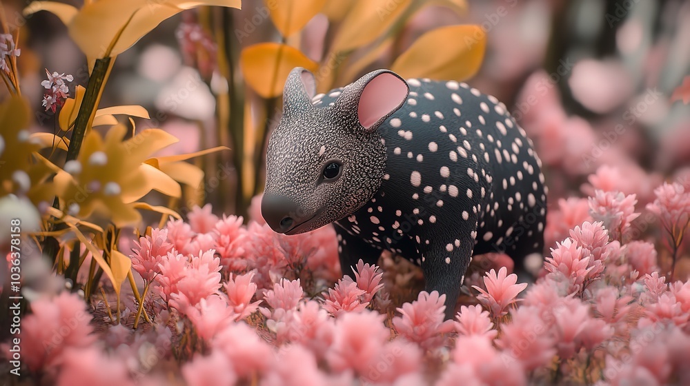Adorable 3D Cute Baby Tapir Walking Through a Colorful Pastel Landscape Adorable 3D Cute Baby Tapir Walking Through a Colorful Pastel Landscape