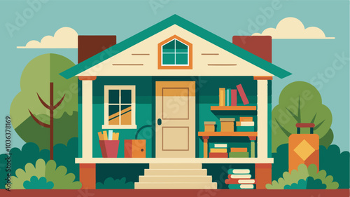On the porch of a quaint house a bookshelf filled with books stands tall with a borrow and return sign inviting neighbors to join in the book sharing.. Vector illustration