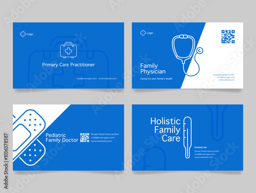 Family doctor card design featuring various specialized healthcare services for patients and families